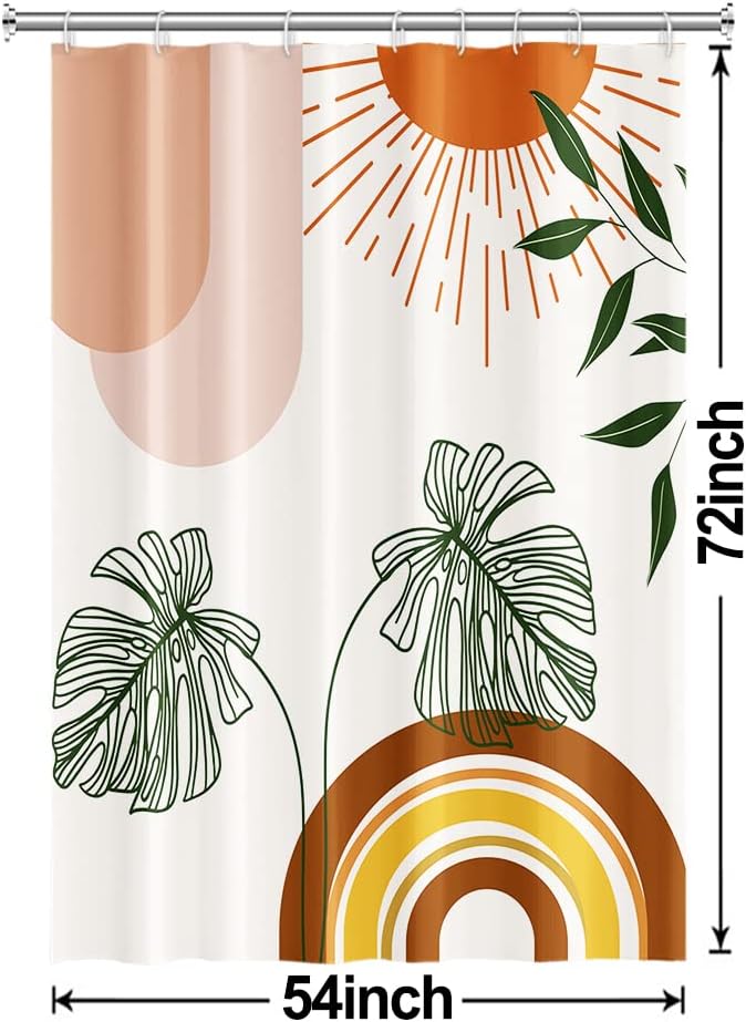 Boho Orange Shower Curtain with Hooks for Bathroom 54x72 Inch | Waterproof Abstract Sunrise Shower Curtain Set, Green Leaves Soft Bathroom Decor, Machine Washable