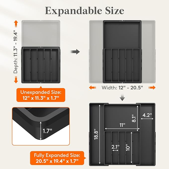 Lifewit Expandable Silverware Drawer Organizer, Utensil Tray for Kitchen | BPA Free Flatware and Cutlery Holder, Adjustable Plastic Storage for Spoons Forks Knives, 12-20.5 x 11.3-19.4 x 1.7", Black