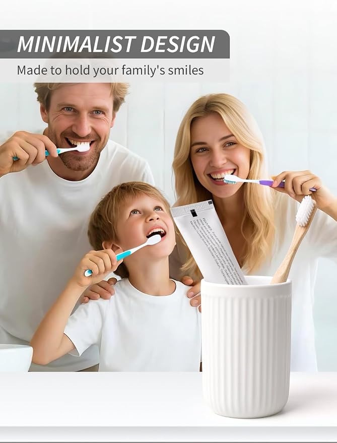 BosilunLife Ceramic Toothbrush Holder - 12oz Bathroom Toothbrush Holder Tooth Brush Holders Tumbler Cups Reusable Toothbrush Mouthwash Cup Small Toothbrush and Toothpaste Holder, Striped White