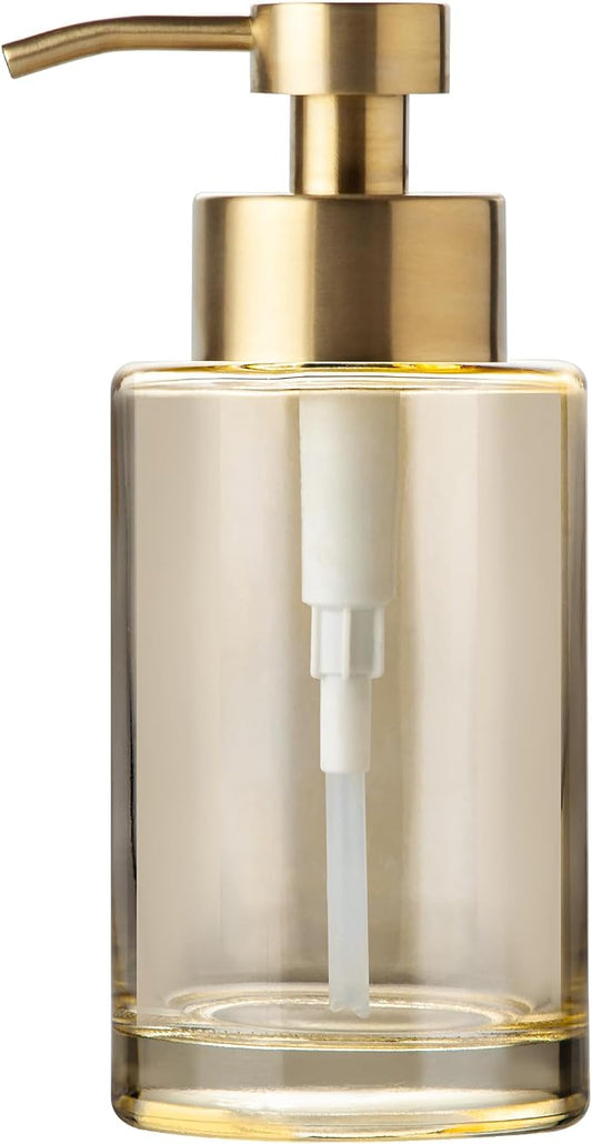 Enra Thick Glass Soap Dispenser, Gold Liquid Hand Bathroom Soap Dispenser | 12oz glass container with stainless steel pump. Refillable design with elegant style for countertops, kitchens