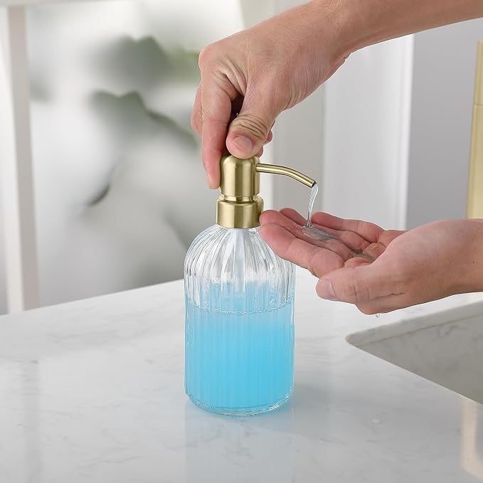 Gold Refillable Glass Kitchen Soap Dispenser,16oz Bathroom Soap Dispenser with Vertical Strip,Golden 304 Stainless Steel Pump Head, Clear Thick Glass,for Modern Home Decor, Countertop, Hotel