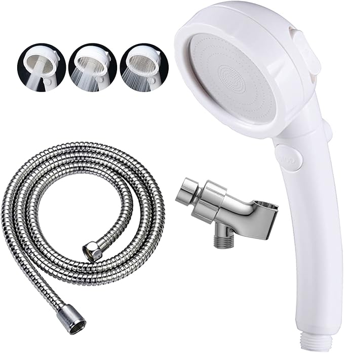 High Pressure Handheld Shower Head with ON/OFF Pause Switch, 3 Spray Modes Shower Wand with Shut Off Button, Removable Camper Shower Head with Hose and Adjustable Angle Bracket (White) | 3 Spray Modes Shower Wand with Shut Off Button, Camper & RV Showe...