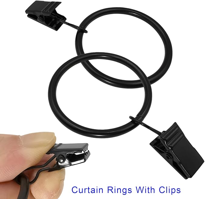LLPJS 60 Pack Metal Curtain Rings with Clips, Curtain Clip Rings Hooks for Hanging Drapery Drapes Bows, Curtain Rod Rings 1.5 inch Interior Diameter, Black