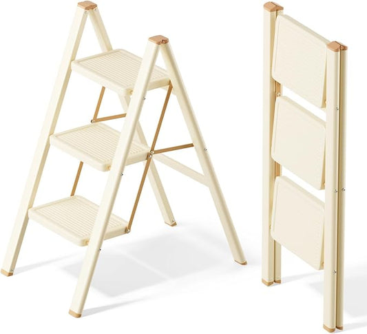 3 Step Ladder, Folding Step Stool, Cream Chocolate | Wide Anti-Slip Steps and a Foldable, Space-Saving Design for Adults to Use in Kitchens, Closets, Library,300 lbs