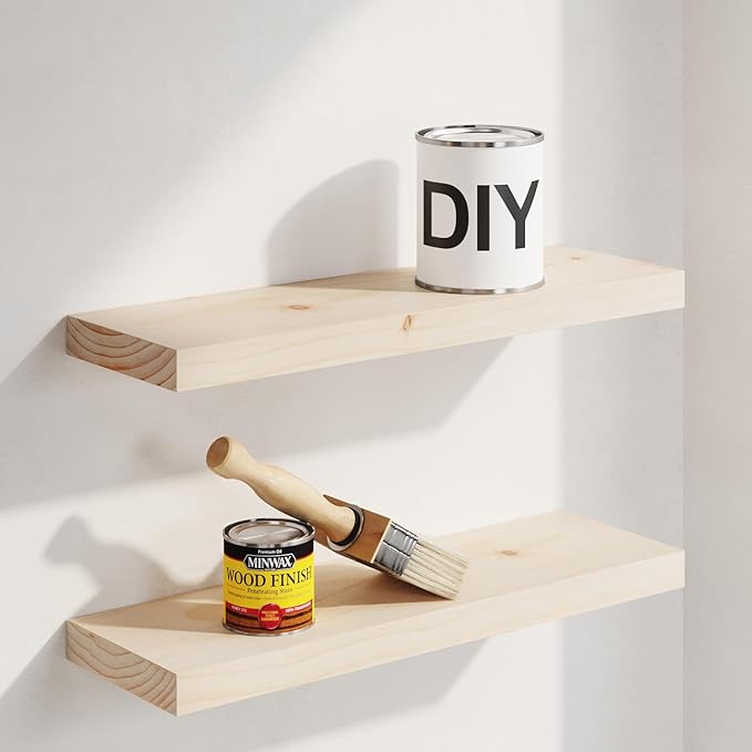 18 inch Wood Floating Shelves, High End Solid Natural Wood 18inch Floating Shelf for Wall Mounted, Unfinished Wooden 18in Floating Shelves, Heavy Duty Bracket, 18 X 6.5 X 1.75 inch, Set of 2