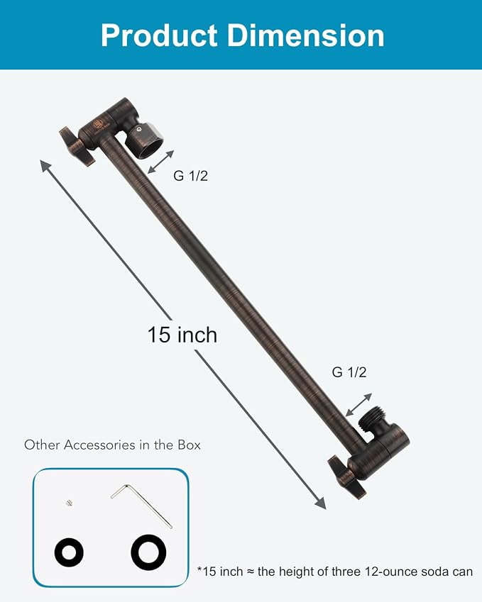 15 Inch Extra Long Adjustable Shower Head Extension Arm With Locking Set Screw, Singing Rain 304 Stainless Steel Angle Height Adjustable, G1/2 Universal Connector Compatible (Oil Rubber Bronze)