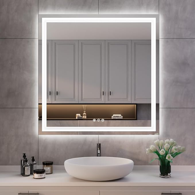 ISKM 36x36 LED Mirror for Bathroom, Front and Back Lit, Anti-Fog, Dimmable | Memory Function,ETL,3 Color Temps 3000K-6000K,IP65 Waterproof ,Tempered Glass, Plug in or Hardwired, for Makeup & Shaving