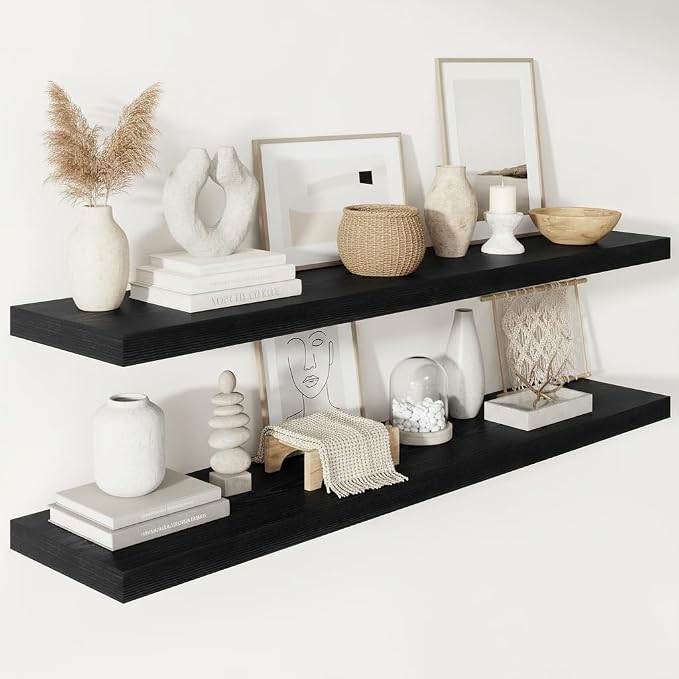 Vivelove Deep Floating Shelves 55x12” Set of 2, Black | Easy Install With Hardware, 2" Thick, Invisible Brackets, Wall Mounted, No Sagging, For Any Room