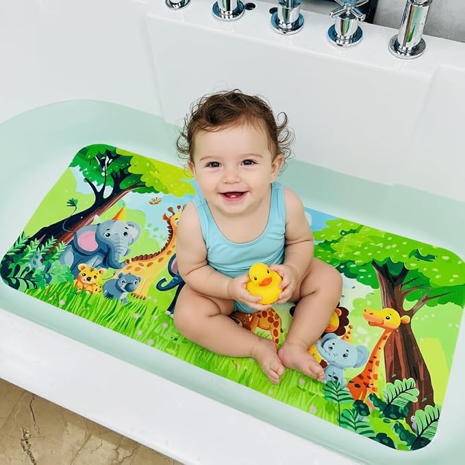 Bath Mats for Tub Kids,Baby Toddler - Large Cartoon Non-Slip Bathroom Bathtub Anti-Slip Shower Mats for Floor 35x15,Machine Washable XL Size Bathroom Mats (Jungle Friends)