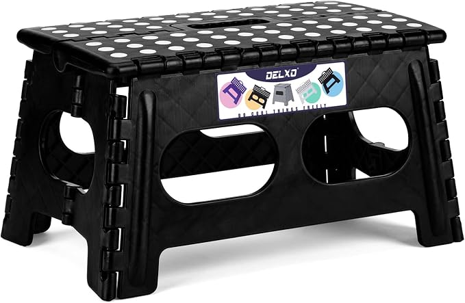 Delxo Folding Step Stool 9 inch,300Lbs Extra Wide Step Stool for Kids | Foldable Step Stool,15-Inch Extra Wide Non-Slip Foot Stools with Handle,Lightweight for Kitchen,Bathroom,Bedroom,Garden Black