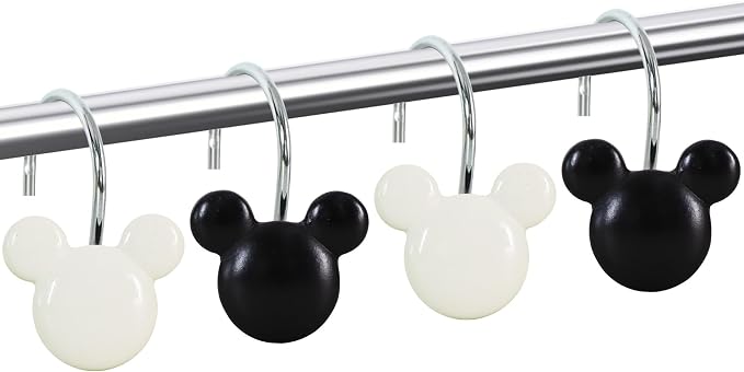 12-Piece Black White Mouse Shower Curtain Hooks for Bathroom | Decorative Shower Curtain Hooks, Stainless Steel Shower Hangers Rings