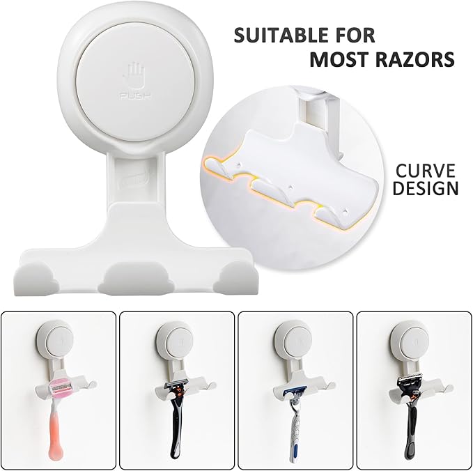 Razor Holder for Shower 2 Pack, Powerful Suction Cup Shower Hooks for Towel, Loofah, Razor, Squeegee, Damage-Free Wall Hooks, Shaver Holder for Bathroom, Easy to Install and Reuse, White