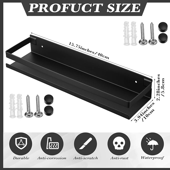 Lallisa 2 Pieces Stainless Steel Shelf Bathroom Shower Floating Shelves Wall Mounted Shower Caddy Basket Shelf Storage Organizer Shelves for Bathroom, Kitchen, Living Room(15.75 Inch/ 40 cm,Black)