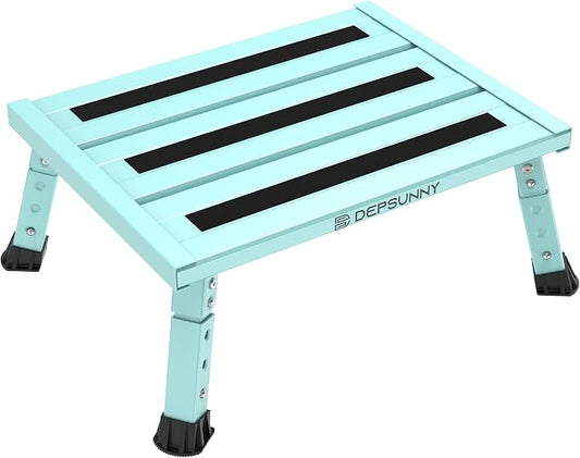 Adjustable RV Step Stool, Wide Platform, Foldable Legs, Green | 3 Height Settings, 1,000-lb Capacity, Aluminum Frame, Non-Slip Rubber Feet, Portable Step for Camper Stairs and Trailers
