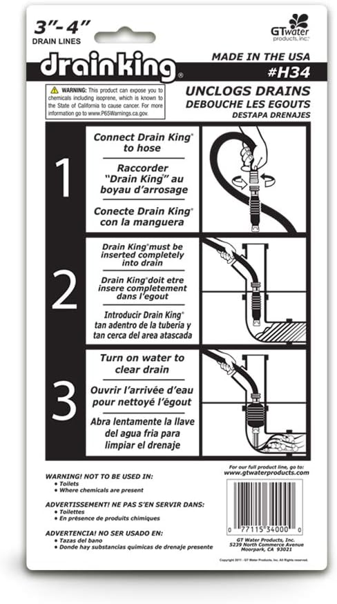 H34 Unclogs Sewer Lines, Main, and Outside Deck Drains, 3 To 4 Inch