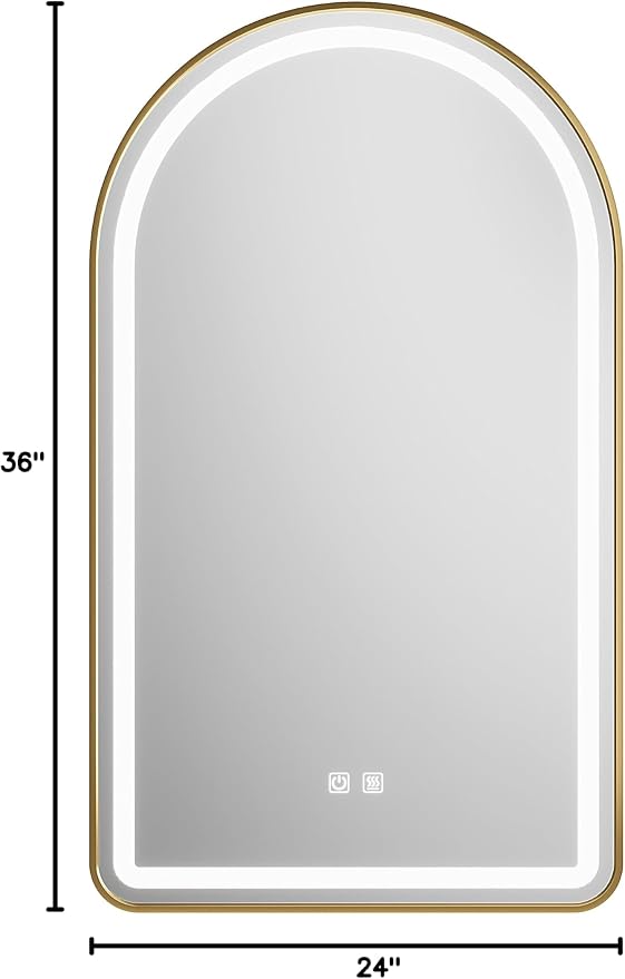 Arched Bathroom Mirror 24"x36", Gold, LED Tempered Glass | arch led bathroom mirror gold wall mounted vanity lighted tempered glass dimmable anti fog metal frame