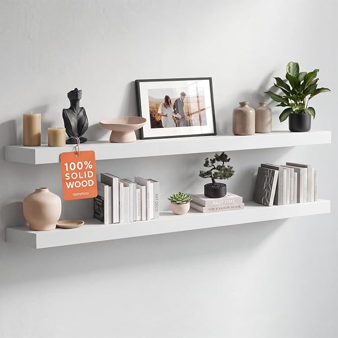 White Floating Shelf 48 inches, High End Solid Real Wood 48inch Long Floating Shelves for Wall Mounted, White Wooden 48in Floating Shelves, Heavy Duty Bracket, 48 X 6.5 X 1.75 inch, Set of 2