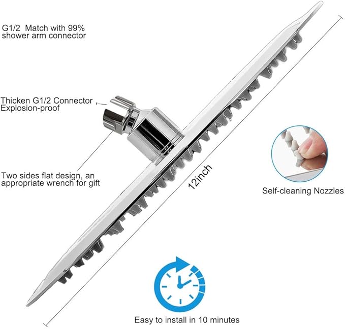 NearMoon Rain Shower Head, Ultra-Thin Design-Pressure Boosting, Awesome Some Experience, High Flow Stainless Steel Rainfall Head (12 Inch, Chrome Finish)