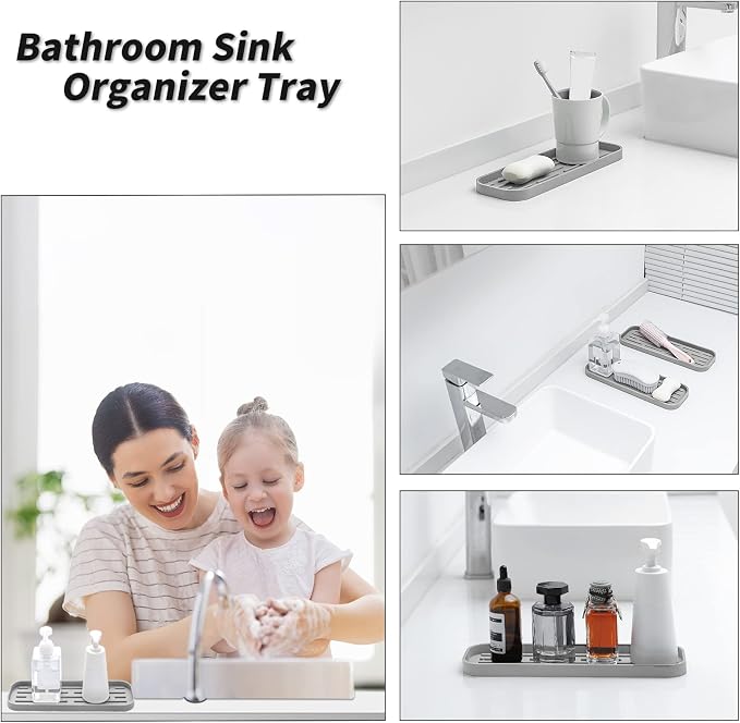 MicoYang Silicone Kitchen Sink Organizer Tray for Multiple Usage,Eco-Friendly Sponges Holder for Kitchen Bathroom Counter or Sink,Dish Soap Dispenser,Scrubber,Bottle,Cup (Grey, 12"×4")