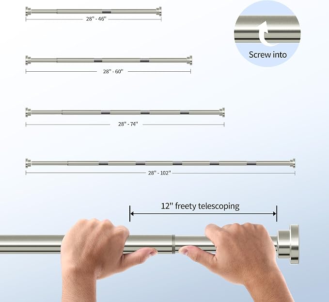 Mcrbeay Shower Curtain Rod, 1" Diameter Heavy Duty Tension Shower Rod, Non Slip Adjustable 28-102 inch No Drill Shower Curtain Rods Spring Tension For Bathroom, Shower Stall, No Rust, Brushed Nickel