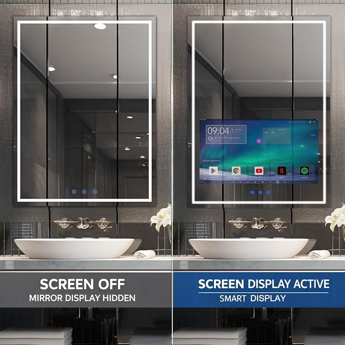 24x32 Inch LED Smart Bathroom Mirror with 21.5" Hidden Touchscreen System | Android 11,Anti-Fog,IP66 Waterproof,3-Color LED Light,Clock&Weather Display,Built-in Speaker,WiFi Bluetooth HDMI,Wall-Mounted
