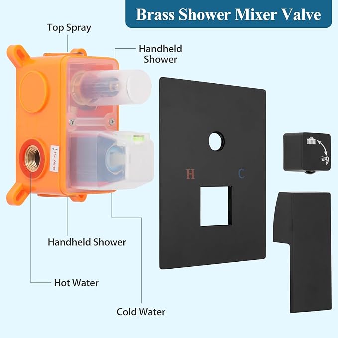 12 Inch Shower Head Set With Valve, Shower Faucet Set With Tub Spout, Rain Shower System, Black Shower Head And Handle Set, Ceiling Mount Shower Trim System
