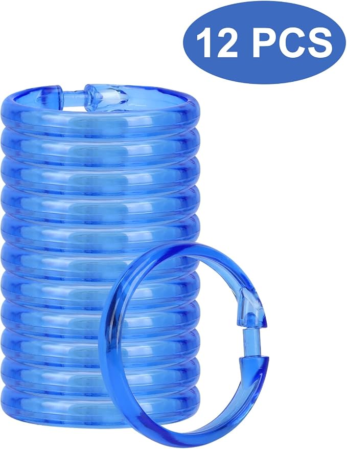 Blue Shower Curtain Hooks - 12 Pcs Circular Plastic Shower Curtain Rings for Bathroom - O Shaped Transparent Blue Shower Hooks Rings for Shower Curtain Rod