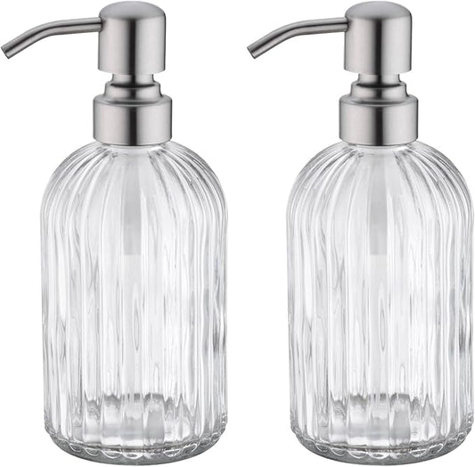 Glass Soap Dispensers for Kitchen and Bathroom, 16oz Heavey Glass Bottle, Stainless Steel Brushed Nickel Pump,Clear Farmhouse Bathroom Soap Dispenser,2 Packs
