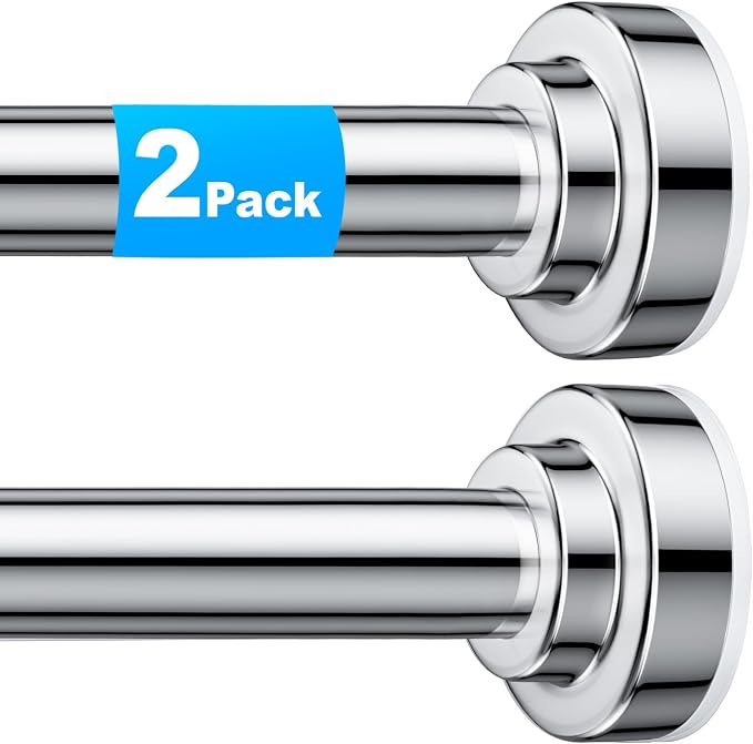 TEECK 2 Pack Shower Curtain Rod, 32-80 inch Adjustable Spring Tension Curtain Rod, Never Rust Anti-Slip Shower Curtain Rod for Bathroom, No Drilling, Never Collapse, Easy to Use, Silver