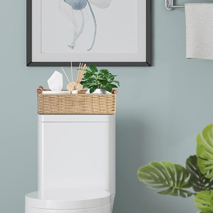 STOBSK Round Paper Rope Storage Basket with Handle, Beige, 14.5in x 6.6in x 3.74in | with Handle for Bedroom Home Decor and Shelves Apartment Countertop Use,Beige