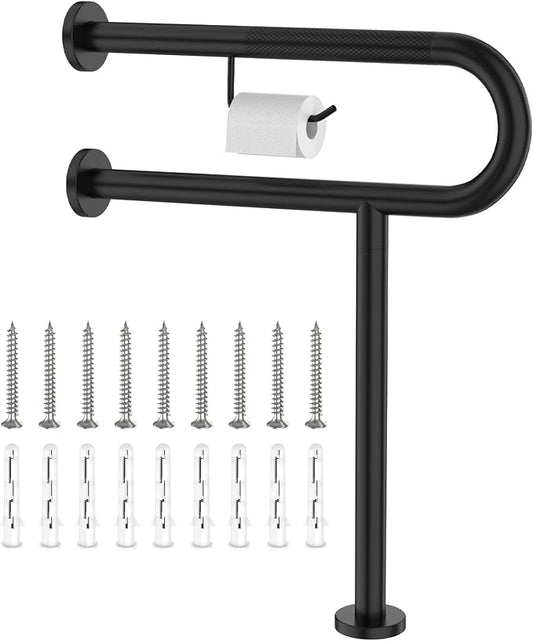 ZUEXT 24x28 Inch Matte Black Toilet Support Rail w/Toilet Paper Holder | Wall to Floor, Anti-slip Handicap Grab Bar, Stainless Steel Bathroom Safety Handrails with Leg, For Elderly Disabled Pregnant