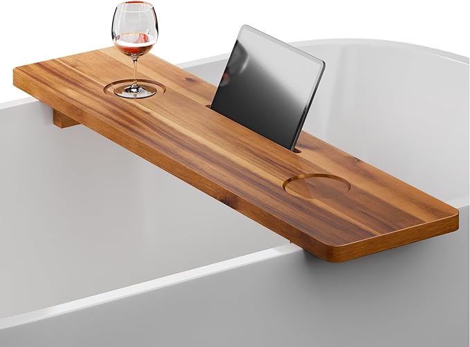 TINAMO 35" L Bathtub Caddy Tray with Accessories Holders, Fits Most Tubs | Acacia Wood, 35" x 9" x 2.5", Custom Legs, Phone/Tablet & Drink Holders, Large Storage, Hardware Included, Easy Installation