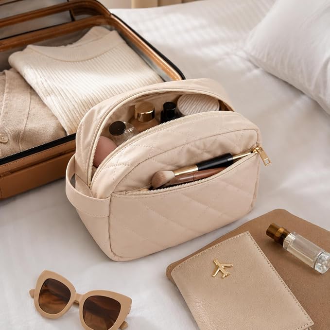 Travel Makeup Bag for Women | Quilted 9 x 4.5 x 6 in PU Leather Double-Layer Cosmetic Organizer with Mesh and Zipper Pockets, Travel Toiletry Bag, Beige