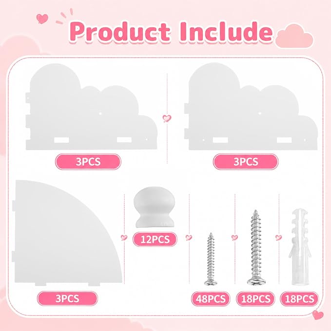 Novabright 3 Pcs Cloud Corner Floating Shelves for Nursery, 90 Degree Wall Mounted Corner Shelf with Hooks, Cute White Dispaly Shelves for Kids Rooms Home Decor - 2 No Hook, 1 with Hook