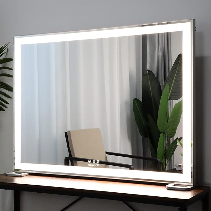 Large Vanity Mirror with Lights L36.2 X H26.8 inch, Lighted Tabletop/Wall Hollywood Makeup Mirror for Dressing Room & Bedroom,3 Color Modes with Dimmer,Silver