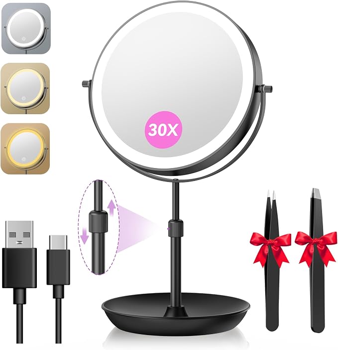 Auxmir 9" 1X/30X Lighted Makeup Mirror, Rechargeable Maginfying Mirror | 3 dimmable colors, 14.9-18.5 in adjustable height, 3000mAh, 360°rotation, stable storage base, 30X magnification, Black