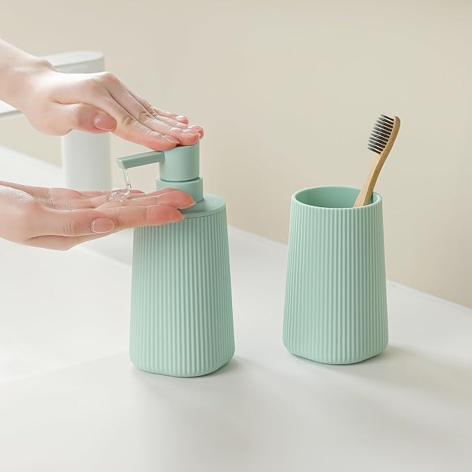 YAUKPH Bathroom Soap Dispenser and Toothbrush Holder Striped Green | Bathroom Accessories Set 2 Piece for Bathroom Countertop Storage and Decor