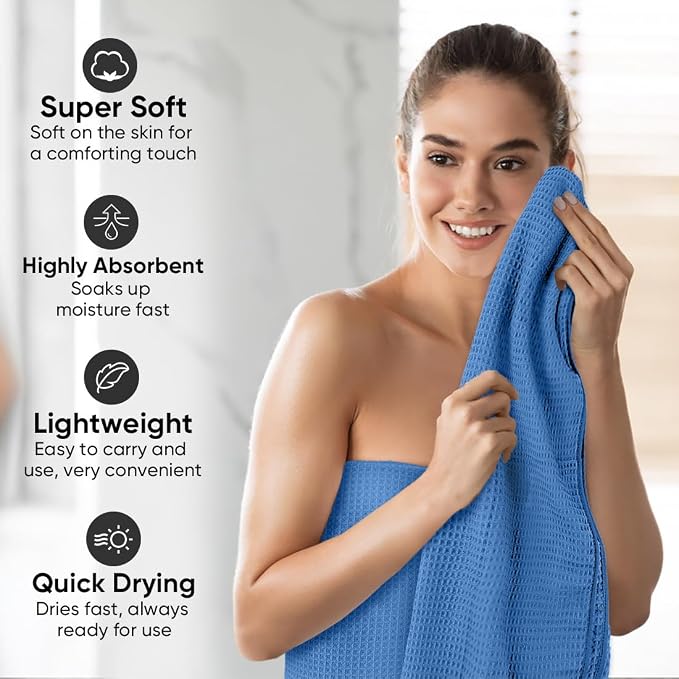 HOMEXCEL Waffle Bath Towels Set of 4 Pack, Waffle Towels for Bathroom, Blue | 400GSM Microfiber Waffle Bathroom Towel Set, Ultra Soft, Highly Absorbent, Quick Dry Towel for Gym, Shower, Spa, 30 x 60 Inch