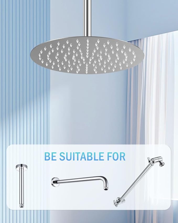 12 inch Ceiling Rainfall Shower Head Chrome - All Metal Stainless Steel Full Body Round Rain Shower with 120 Silicone Nozzles Modern Bathroom