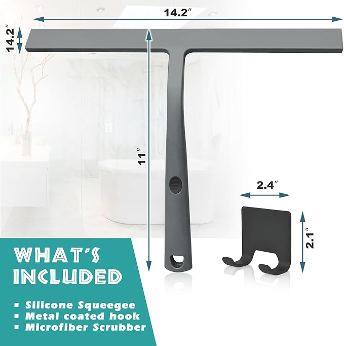 14 Inch Silicone Shower Squeegee for Glass Doors with Hook - Streak-Free Window Cleaner for Bathroom, Mirror, Tile & Car, No Scratch Squeegee with Metal Core (Gray