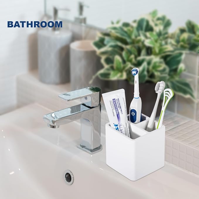 Diatomite Toothbrush Holders Tooth Brush Organizer - White | Water-Absorbent Material, 3 Slots for Electric Toothbrush and Toothpaste, for Bathroom Countertop, Shower, Vanity