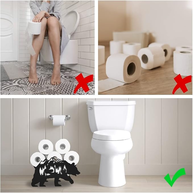Black Bear Metal Toilet Tissue Holder - Funny Animal Paper Holder for Bathrooms - FreeStanding Organizer Holds Extra 8 Rolls