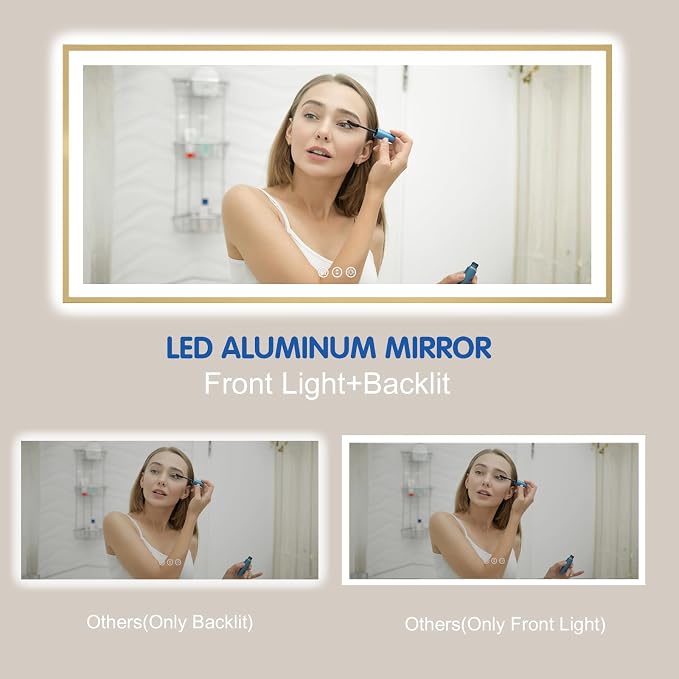 60x28 Inch LED Bthroom Mirror with Gold Frame | Gold Metal Frame, Front and Backlit, 3 Colors, Dimmable, Memory, Anti Fog, Tempered Glass, Lighted Mirror for Wall