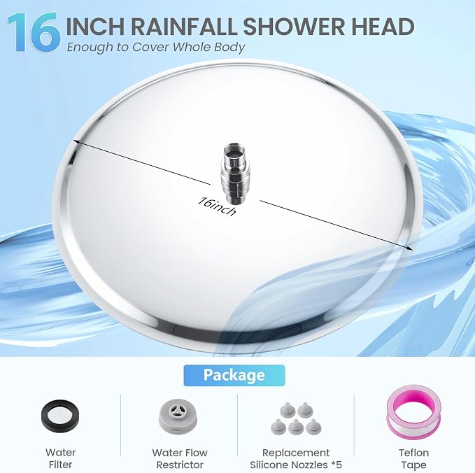 16 Inch Round Rainfall Shower Head Chrome - All Metal Stainless Steel 304, Full Body Rainfall Shower with 230 Silicone Nozzles