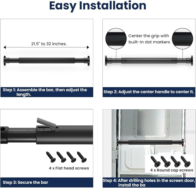 RV Screen Door Handle,Reinforced Protector Grab Bar for Camper Door | Easy Grip Handle, Adjustable 21.5"-32", Centering Guide Marks, Aluminum Bar with Zinc Alloy Base, Protects Screen Doors-Black
