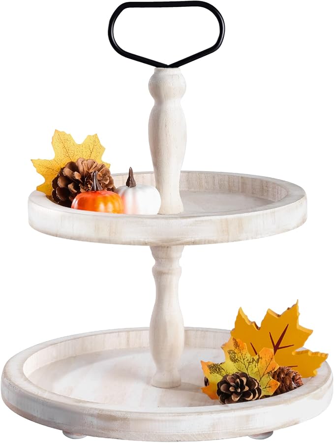 Mustry Rustic Wooden 2-Tier Tray Stand for Farmhouse Kitchen & Home Decor | Sturdy Wood & Metal Frame, Space-Saving Two Tier Tray, Display & Organize Décor, Easy Carry, Tool-Free Easy Assembly, White
