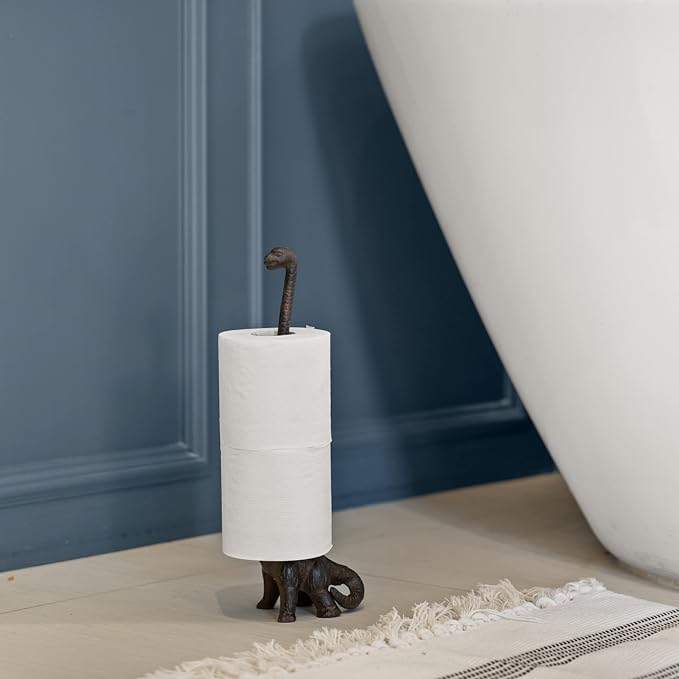 Rustic Paper Towel Holder, Metal Toilet or Kitchen Paper Holder for Floor or Countertop, Rustic Dino | 18.6 inch tall rustic bronsze cast iron hand towel holder for kitchen countertop or bathroom with weighted base, no assembly