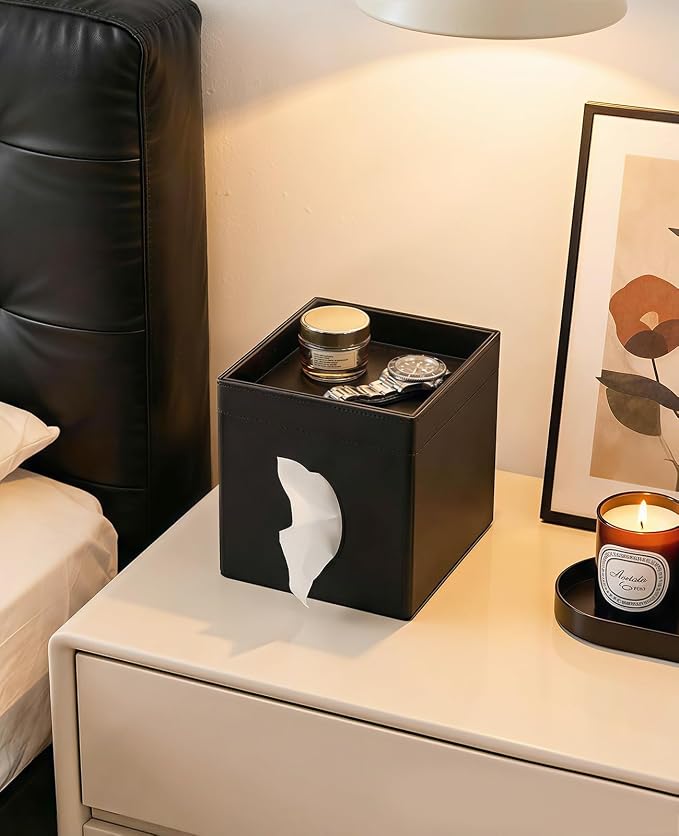 Luxspire Square Tissue Box Cover, Leather Holder with Storage Tray, Black | PU Leather Material, Includes Storage Tray, For Living Room, Bedroom, Stylish Addition, Durable and Waterproof, Easy to Clean