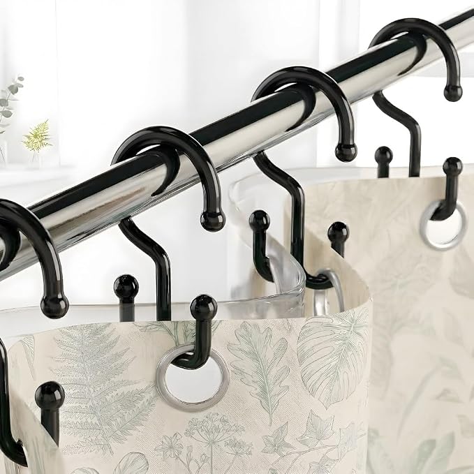 Bathway Black Plastic Shower Curtain Hooks, 24 Double Shower Curtain Rings | Hang Both Shower Curtain & Liner, Waterproof, Rust-proof, Sturdy, Durable, Flexible, Multifunctional, Universal, Easy to Use