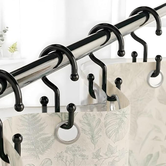 Bathway Black Plastic Shower Curtain Hooks, 24 Double Shower Curtain Rings | Hang Both Shower Curtain & Liner, Waterproof, Rust-proof, Sturdy, Durable, Flexible, Multifunctional, Universal, Easy to Use